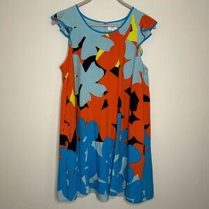 Crown & Ivy Size L Blue and Orange Flutter Sleeve Sundress